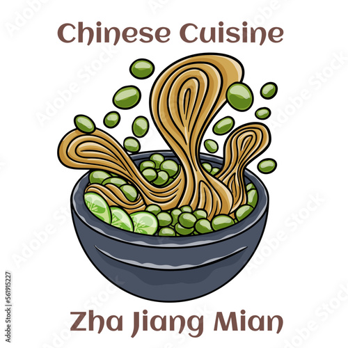 Zha jiang mian. Noodles with a rich, meaty sauce, topped with fermneted soy bean paste and fresh cucumber. Chinese food. Vector image isolated.