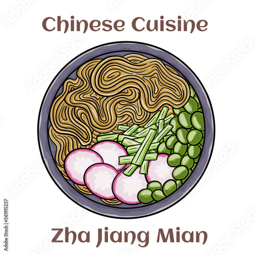 Zha jiang mian. Noodles with a rich, meaty sauce, topped with fermneted soy bean paste and fresh cucumber. Chinese food. Vector image isolated.