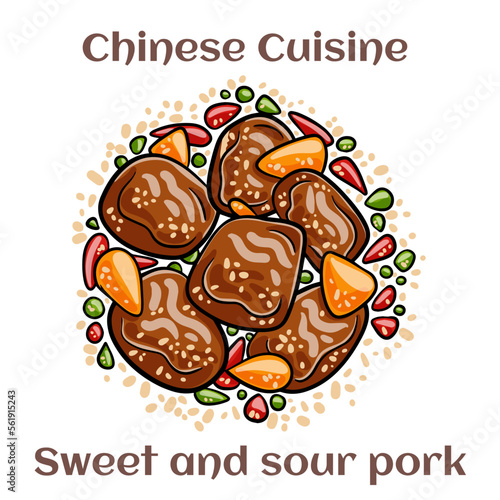 Sweet and sour pork. Fried pork with sliced carrots, green and red bell peppers and pineapple. Chinese food. Vector image isolated.
