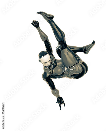 super cyborg girl is doing a swing pose like a comic hero