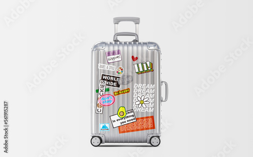 Travel bag vacation luggage with style stickers background concept.