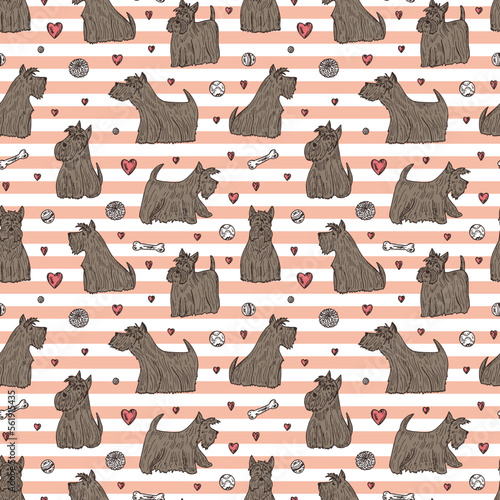 Dog Vector Seamless pattern. Hand Drawn Doodle Scottish Terrier. Pets. Dogs. Black Scottish Terriers on a pink striped background