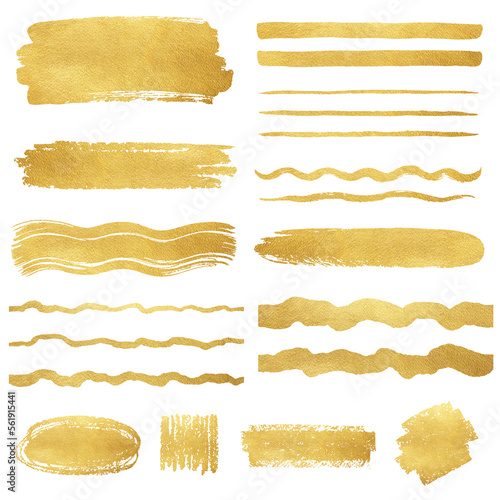 Golden foil artistic brush strokes set, brushstroke shapes, smears, stripes, lines collection. Hand drawn textured text backgrounds, gold painted design elements. Frame, banner, border templates.