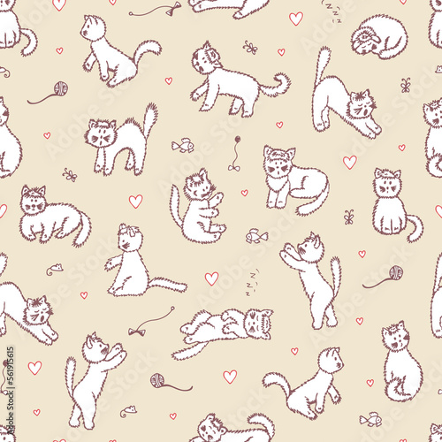 Fototapeta Naklejka Na Ścianę i Meble -  Cats Vector Seamless pattern. Hand Drawn Doodle fluffy Kittens