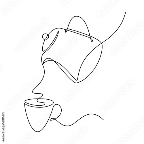 Teapot and tea cup vector one line continuous drawing illustration. Pouring drink. Hand drawn linear silhouette icon. Minimal outline design element for print, banner, card, brochure.