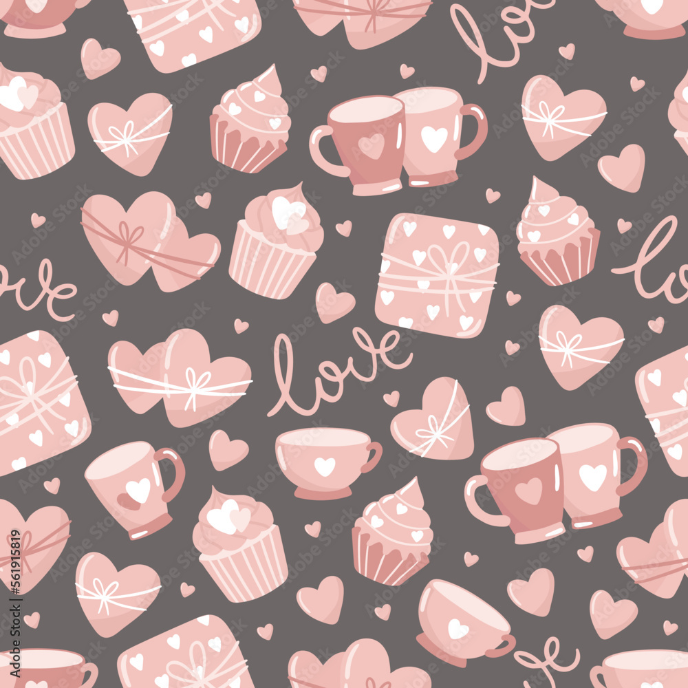 Valentine s Day seamless pattern with hand drawn elements on bright background. Flower, letter, coffee. Background for gift wrapping or fabric design. Valentine s Day seamless pattern with hand drawn elements on bright background. Flower, letter, coffee. Background for gift wrapping or fabric design.