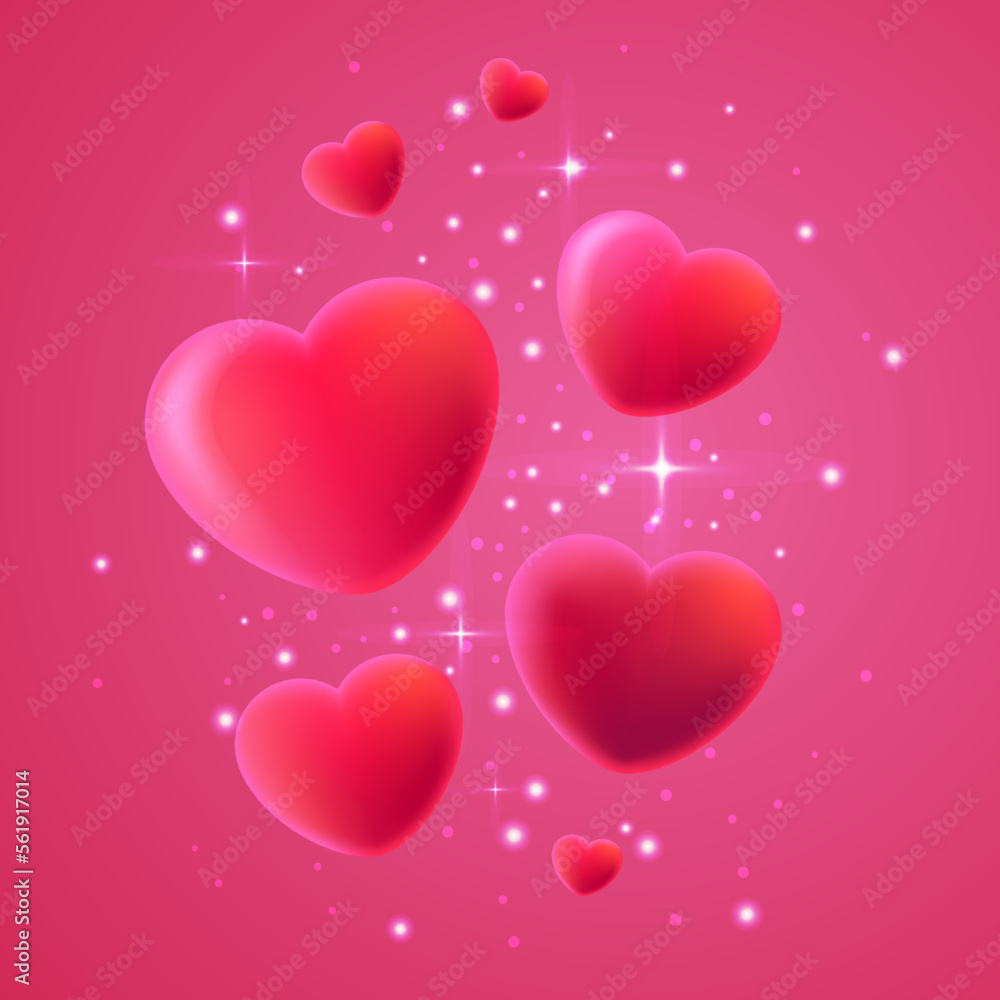 3d background with volumetric hearts and shining sparkles. Design concept banner for Valentine's Day