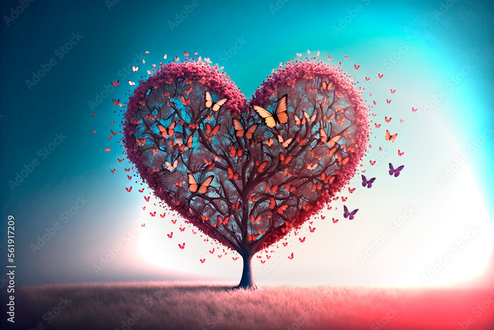 Fototapeta premium Generative AI illustration of a tree with a heart-shaped canopy surrounded by fluttering butterflies