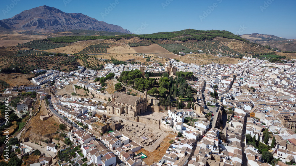 Aerial drone view of Antequera city in Spain. Touristic travel to Spain. Historic interest and Unesco World Heritage Site. 