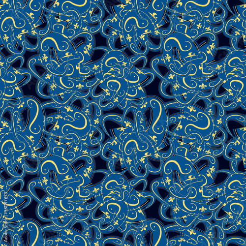 Seamless simple cute pattern of blue and yellow curled design elements on navy background.Endless ornament.Colourful backdrop for fabric,textile,linen.Vector