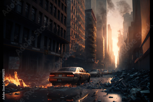Abandoned New York City in the future. Empty roads and a dystopian atmosphere in a post-apocalyptic NYC.