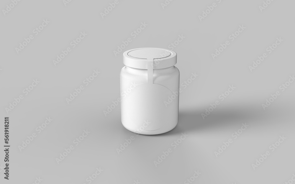 Circle label white plastic jar with cup for sport protein vitamins and tablets realistic packaging mockup template 3d illustration rendering image isometric view Circle label white plastic jar with cup for sport protein vitamins and tablets realistic packaging mockup template 3d illustration rendering image isometric view