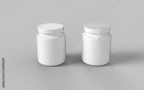 Set of two white plastic jar with cup for sport protein vitamins and tablets realistic packaging mockup template 3d illustration rendering image isometric view