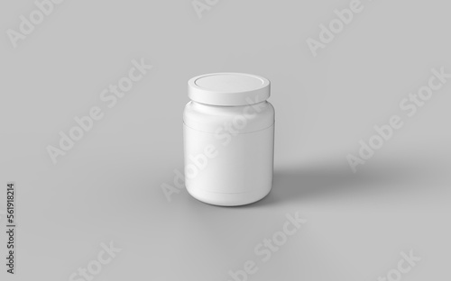 Rounded label white plastic jar with cup for sport protein vitamins and tablets realistic packaging mockup template 3d illustration rendering image isometric view
