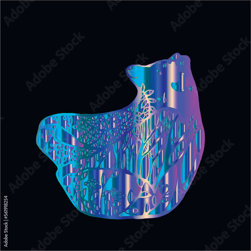 Bear in yoga pose with floral ornaments. Vector cosmic gradient illustration. Space wild animal.