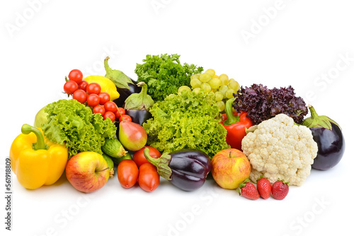 Bright tasty vegetables and fruits isolated on white