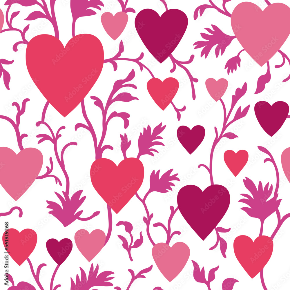 Vector pattern with hearts. Pattern for Valentine's Day. Heart pattern with pink flowers on a white background.