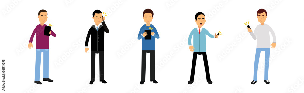 Young Man with Smartphone and Tablet Communicating Via Internet Vector Set Young Man with Smartphone and Tablet Communicating Via Internet Vector Set