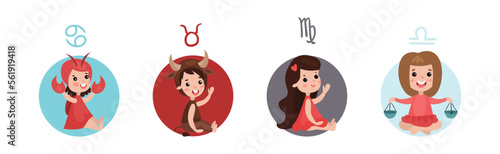 Cute Kids and Horoscope Astrological Sign Vector Set