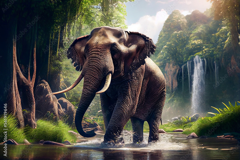 Fototapeta premium Wilder Elefant läuft durch einen Fluss im Dschungel Thailands - Ai generiert