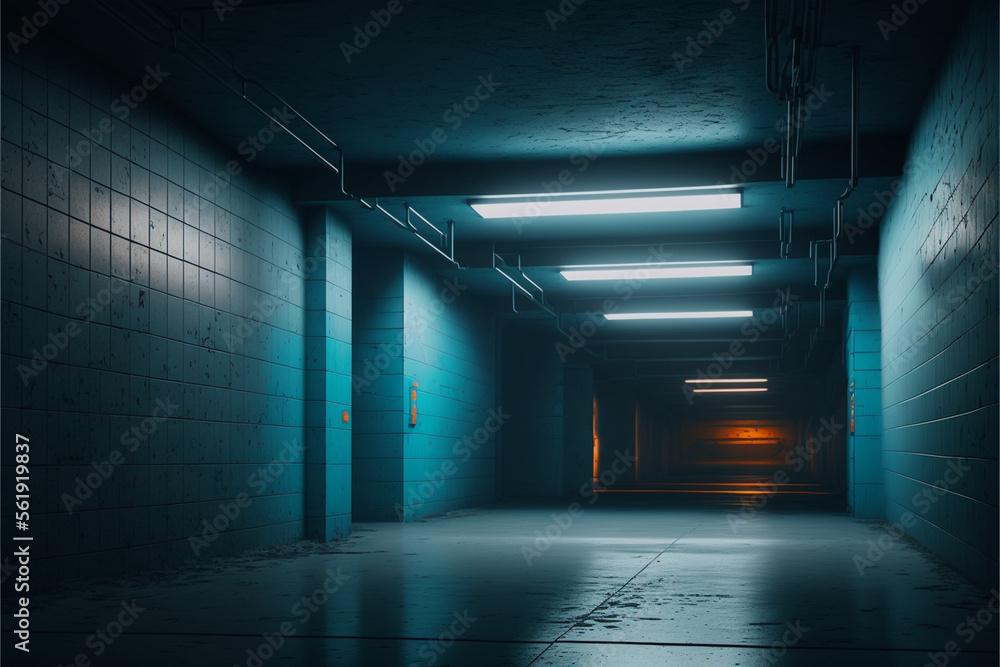 Realistic Garage Underground Blue Light Hallway Tunnel, Generative ai