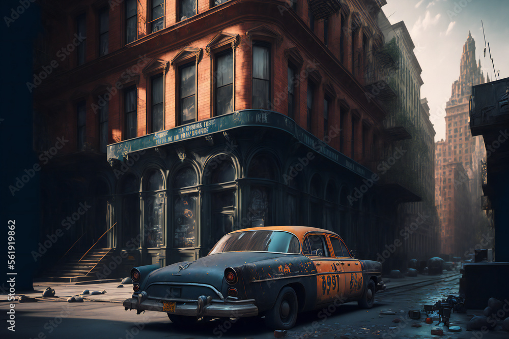 Fototapeta premium Abandoned New York City in the future. Empty roads and a dystopian atmosphere in a post-apocalyptic NYC.