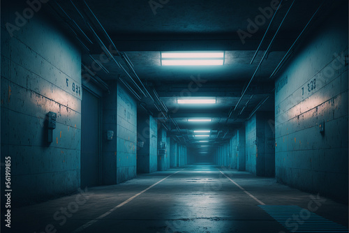 Realistic Garage Underground Blue Light Hallway Tunnel  Generative ai