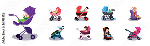 Cute Baby Boy and Girl in Carriage or Stroller Vector Set