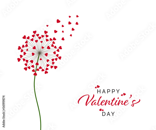 Dandelion with hearts. Happy Valentine's day greeting card. Lovely romance flower. Congratulation with Love. Valentine's day Vector illustration background.