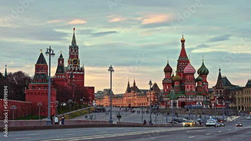 Amazing sunset over Kremlin. Beautiful panoramic footage of Moscow