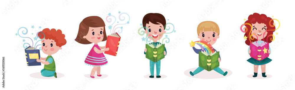 Little Children Reading Fairytale Books Vector Set Little Children Reading Fairytale Books Vector Set