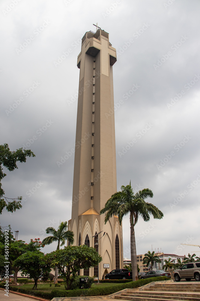 Exterior with arches, crosses, decorative walls of Catholics church in Abuja, church is known as The National Christian Centre (previously known as the National Ecumenical Centre)