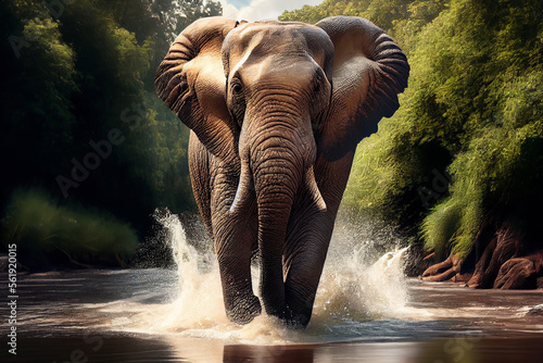Wilder Elefant läuft durch einen Fluss im Dschungel Thailands - Ai generiert