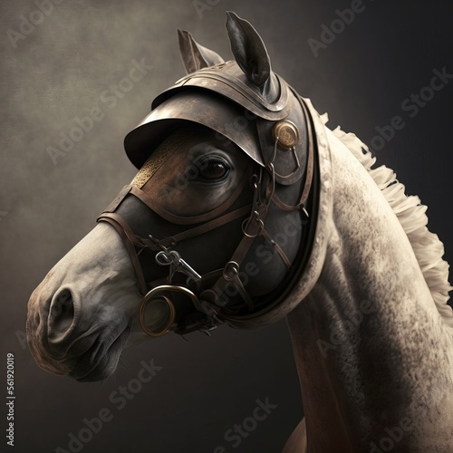 A horse with a helmet