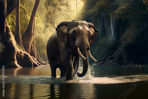 Wilder Elefant l  uft durch einen Fluss im Dschungel Thailands - Ai generiert