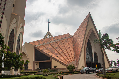 Exterior with arches, crosses, decorative walls of Catholics church in Abuja, church is known as The National Christian Centre (previously known as the National Ecumenical Centre)