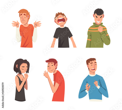 Funny emotional people set. Frightened, angry, bored, peaceful, insidious men and woman cartoon vector illustration