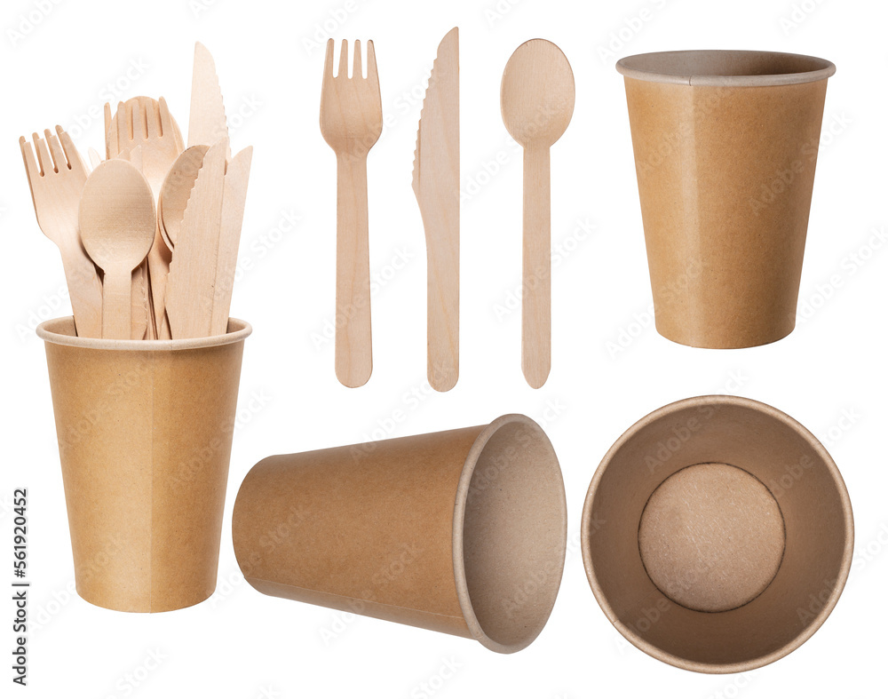 Paper gray cup for hot drinks and wooden disposable cutlery for dishes ...