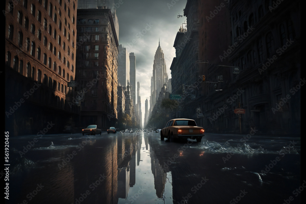 Obraz premium Abandoned New York City in the future. Empty roads and a dystopian atmosphere in a post-apocalyptic NYC.