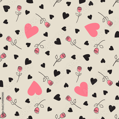 Festive continuous pattern with hearts and flowers on a light background. Vector illustration for your design