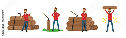 Bearded Woodman or Lumberman in Checkered Shirt with Axe and Log Vector Set