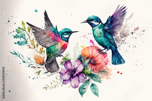  two birds are flying over a bunch of flowers and watercolor paint splatters on a white background with a splash of paint on the bottom of the image and the image is a white background.