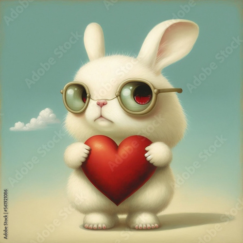 Cute white bunny holding a red heart. Love concept. Created with Generative AI