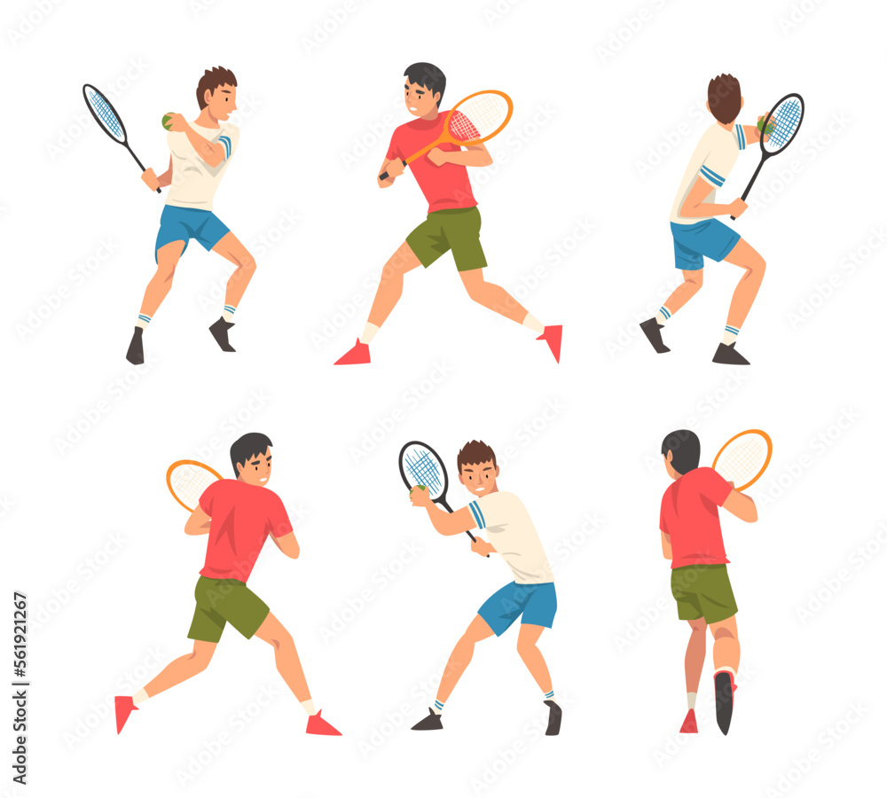 Professional athlete play tennis set. Man dressed in sports uniform playing tennis with racket and ball cartoon vector illustration