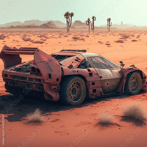 Abandonned rusted car in desert by a sunny day