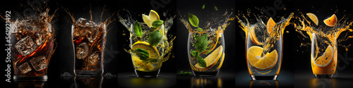 soda soft drink collection, cold cola lemon orange product, dark background, illustration digital generative ai