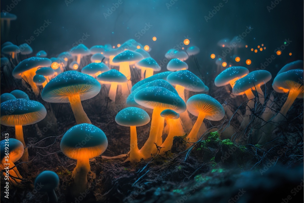 Luminous Mushrooms in the Forest. Generative AI.