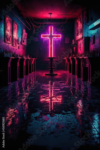 Neon Cross in Purple Cyberpunk Church Basement Club. Generative AI.