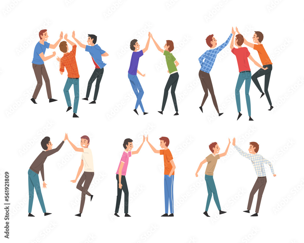 Set of happy people giving high five. Cheerful male characters metting, celebrating goal achievement and success cartoon vector illustratio Set of happy people giving high five. Cheerful male characters metting, celebrating goal achievement and success cartoon vector illustratio