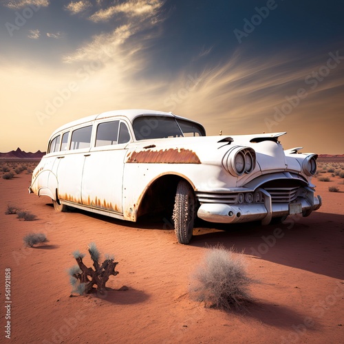 Abandonned rusted car in desert by a sunny day